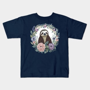 Sloth Portrait with Wreath Of Flowers Watercolor Mothers Day Kids T-Shirt